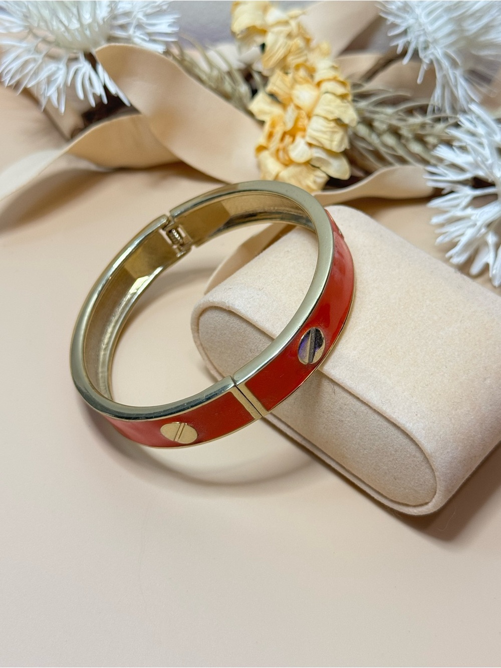 Orange Enamel Gold Tone Hinged Bangle Bracelet Screw Motif Statement Jewelry